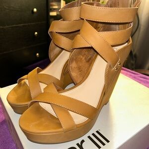 Bar III Tan Strappy Platform Wedge Sandals